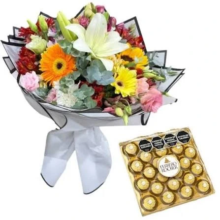Ramo de flores de estacion con bombones ferrero rocher x24